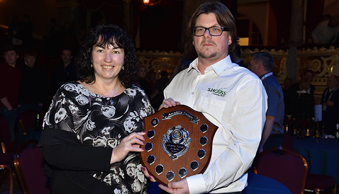 Amenity Sprayer Operator of the Year winner Nathan Hume. Presented with the shield at the BTME 2018 welcome celebration by Dr. Ruth Mann of STRI.